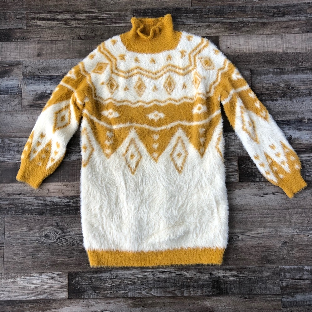 Manitou Mustard Yellow Print Fuzzy Sweater Dress